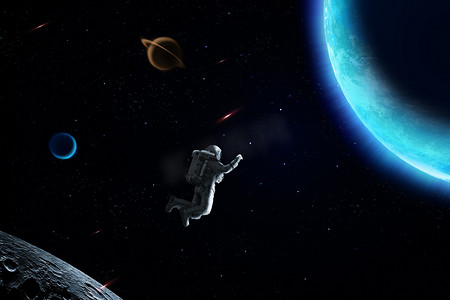科幻宇宙星球摄影照片_航天员在宇宙空间遨游