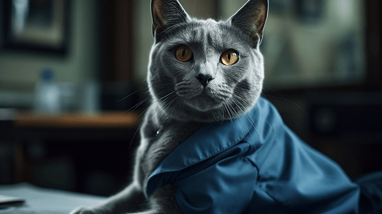 俄罗斯摄影照片_微笑的医生俄罗斯蓝猫兽医诊所