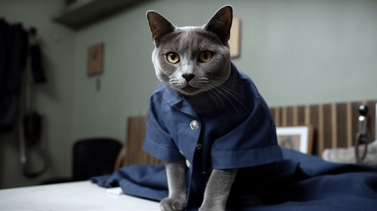 俄罗斯猫摄影照片_微笑的医生俄罗斯蓝猫兽医诊所