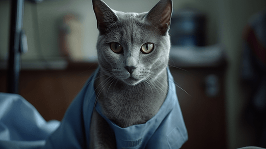 俄罗斯猫摄影照片_微笑的医生俄罗斯蓝猫兽医诊所