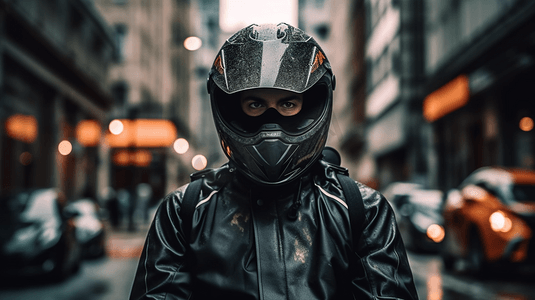 弯曲泼墨摄影照片_赛车头盔穿着安全西装的男子在快速弯曲高公路上骑运动摩托车街道