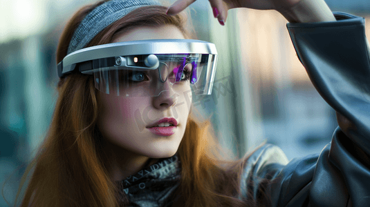 新科技智能摄影照片_年轻女子戴着头戴式显示器和极具未来感的GUI智能眼镜，头戴式显示物联网图形用户界面
