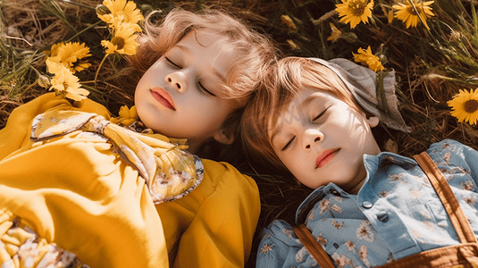 六一儿童节游园海报摄影照片_孩子们躺在草地上