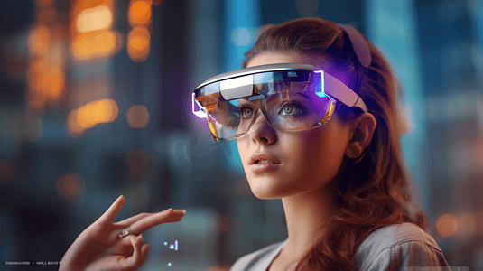 年轻女子戴着头戴式显示器和极具未来感的GUI智能眼镜，头戴式显示物联网图形用户界面
