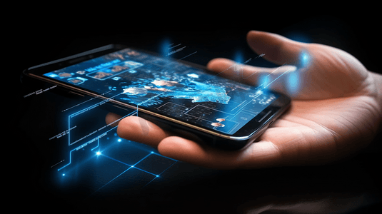 商业统计人员和未来的技术概念-商人的手与透明智能手机屏幕上的图表和黑色背景上的虚拟投影的特写
