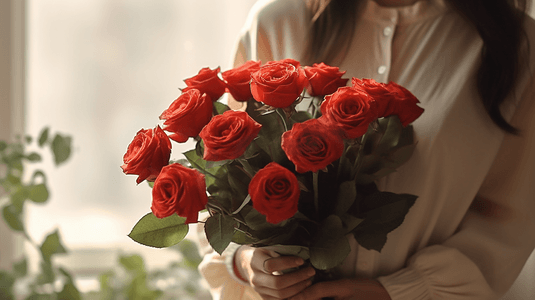 男女谈恋爱摄影照片_女人抱着一束红玫瑰