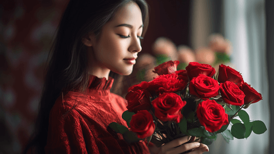男女谈恋爱摄影照片_女人抱着一束红玫瑰