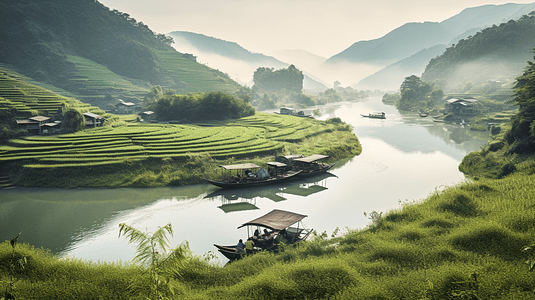 山水古画摄影照片_乡村田园山水风景农村生活