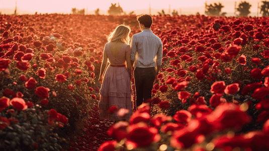 情侣站在玫瑰花田里