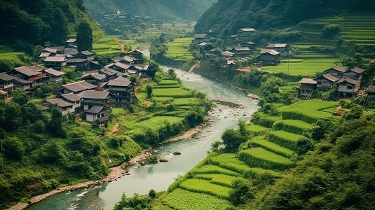 水墨古风山水画摄影照片_乡村田园农村生活山水