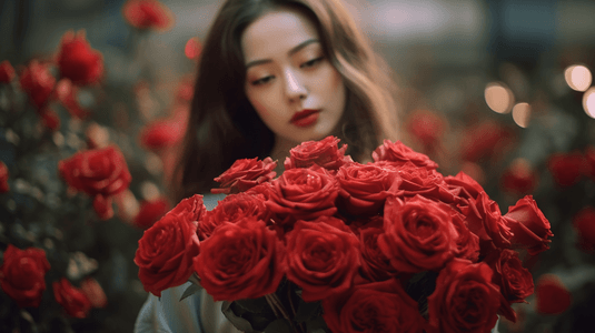 矢量谈恋爱摄影照片_女人抱着一束红玫瑰