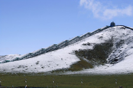 蓝天白云下的雪山草原观光栈道