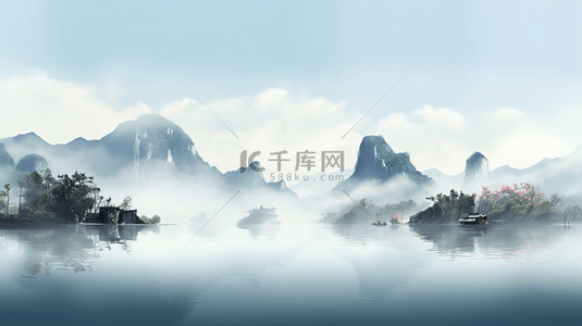 水果篮插画背景图片_水纹中国风水墨山水插画海报背景