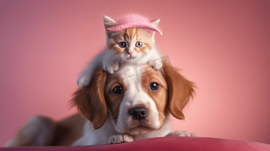 宠物科室牌摄影照片_猫趴在狗的头上