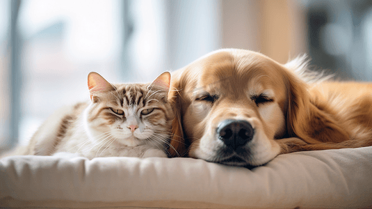 动物可爱猫咪摄影照片_猫和狗在一起睡觉