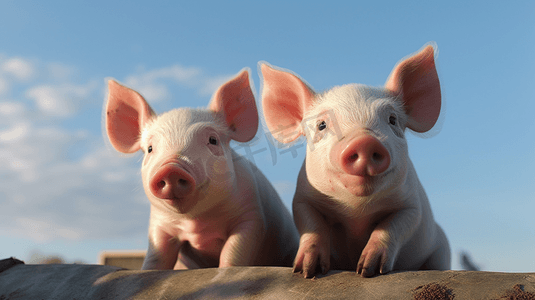 粉色护士节海报摄影照片_两只可爱的小猪趴在栏杆上