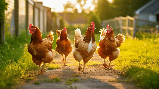 农村动物摄影照片_一排鸡迎面走来