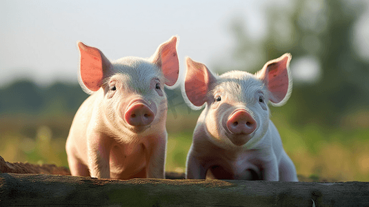 两只可爱的小猪趴在栏杆上