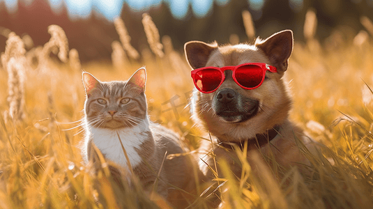 狗和猫摄影照片_狗和猫在草地上一起戴着太阳镜