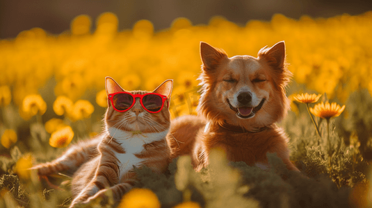 一起过元宵摄影照片_狗和猫在草地上一起戴着太阳镜