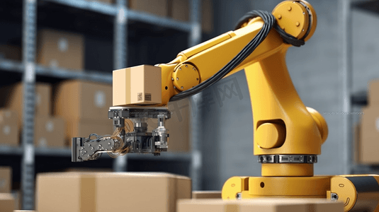 工业机器人手臂控制固定包装盒。仓库物流中机器人机器操作的横幅背景机器人管理制造和物流