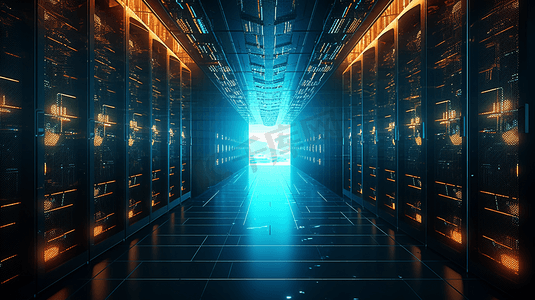 现代化的内部服务器机房数据中心。连接和网络在黑暗的服务器。备份采矿托管主机场云和存储信息的计算机机架
