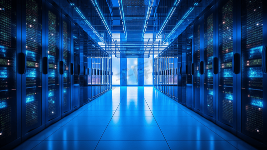 湖南房间摄影照片_现代数据中心与多行完全运行的服务器机架的照片。现代高科技电信数据库超级计算机在一个房间