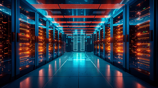现代数据中心与多行完全运行的服务器机架的照片。现代高科技电信数据库超级计算机在一个房间