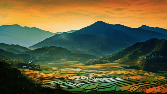 层次分明摄影照片_山脉的稻田