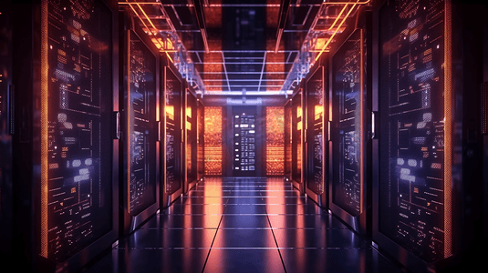 现代化的内部服务器机房数据中心，连接和网络在黑暗的服务器。备份采矿托管主机场云和存储信息的计算机机架