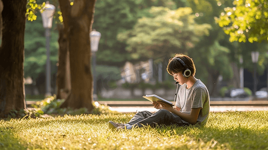 绘本摄影照片_学生坐在公园的草地上，用智能手机进行语音识别