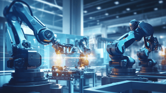 标题栏汽车摄影照片_工业自动化机器人团队在机器蓝色背景下与智能工厂的汽车零部件合作工业4.0和人工智能机器人在未来概念上代替人类工作