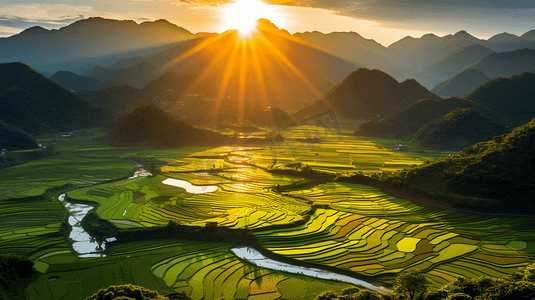 层次城市摄影照片_越南的稻田与远处的山脉