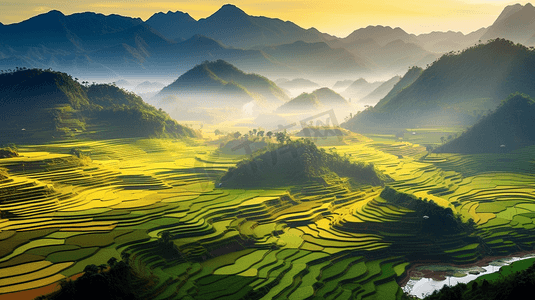 层次分明摄影照片_越南的稻田与远处的山脉