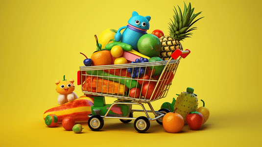 购物车装满了卡通玩具与水果