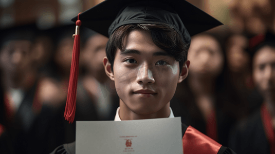  亚洲学生在毕业典礼上手拿毕业证书
