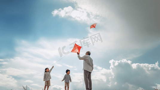 亚洲现代父亲带着孩子在公园里放风筝