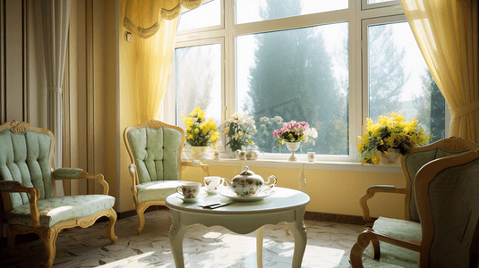 现代清新优雅的茶室茶具橱窗摄影室室内装饰
