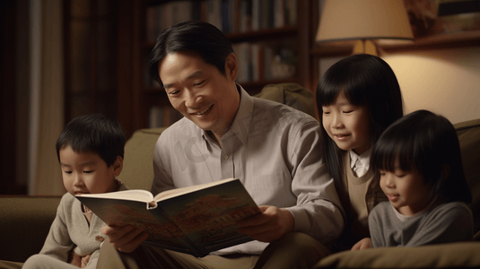 父亲在家陪孩子们读故事书