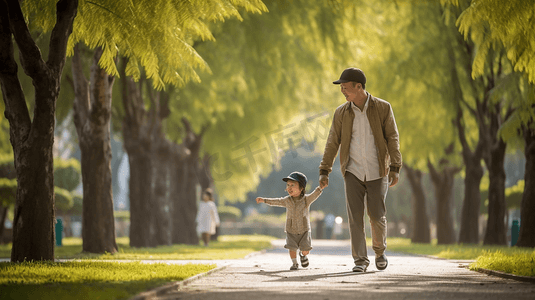 父亲孩子摄影照片_父亲和孩子在公园里手牵手散步