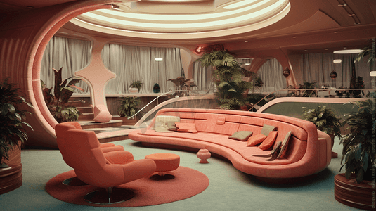 现代复古未来主义下沉式客厅室内设计3d梦幻房地产拍摄