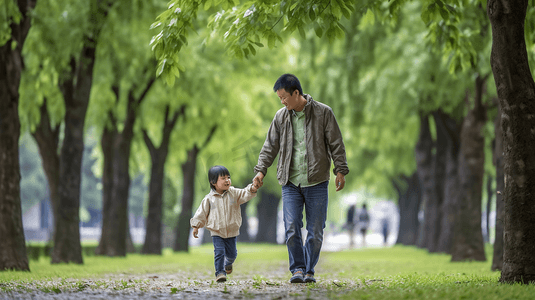 儿子给父亲摄影照片_父亲和孩子在公园里手牵手散步