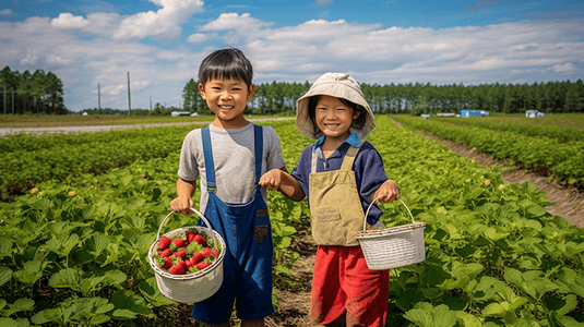 草莓摄影照片_孩子们在农场采摘草莓