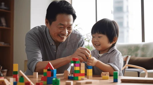 父亲和儿子在家一起玩积木游戏