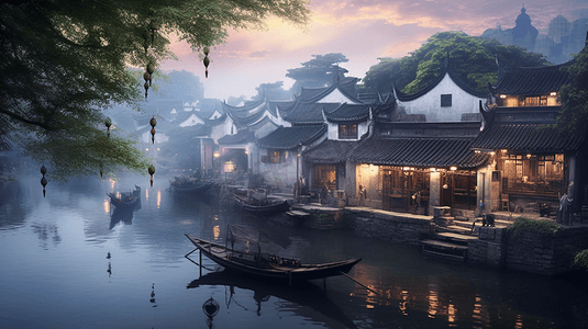 中国风花纹边框摄影照片_江南水乡的朦胧风光，洋溢着中国风情