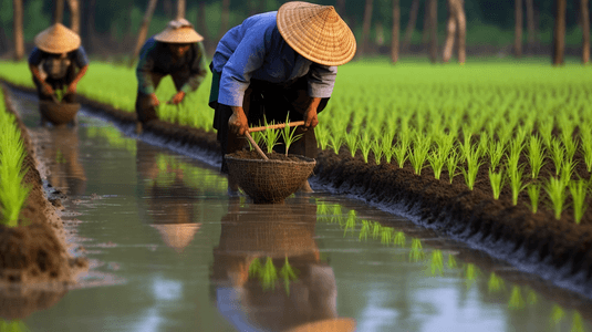 插画水稻田摄影照片_种植水稻幼苗的农民