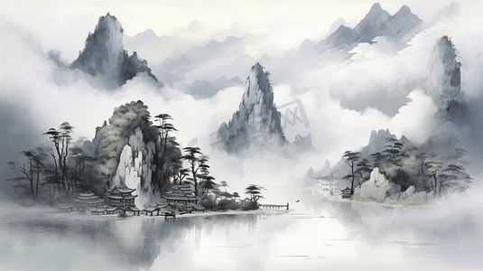 黑白风景摄影照片_水墨风格的云雾风景