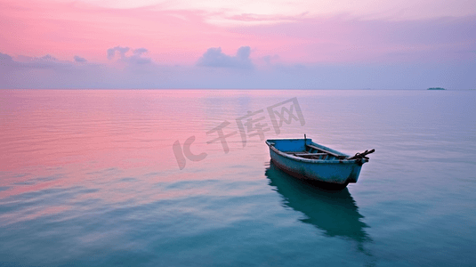 大海 扁舟 粉色 天空 白云 唯美 治愈