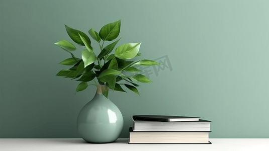 绿植背景背景摄影照片_绿植和书籍简约背景图
