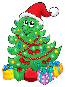 卡通圣诞树礼物摄影照片_圣诞老人圣诞树与礼物